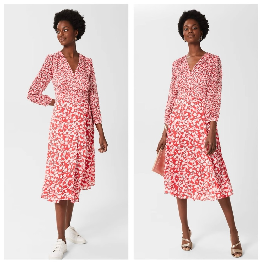 Hobbs of London Elegant Red Floral Midi Dress